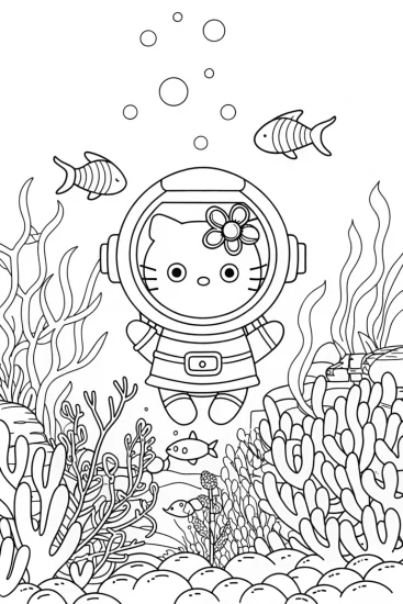 A coloring page of Hello Kitty underwater adventure