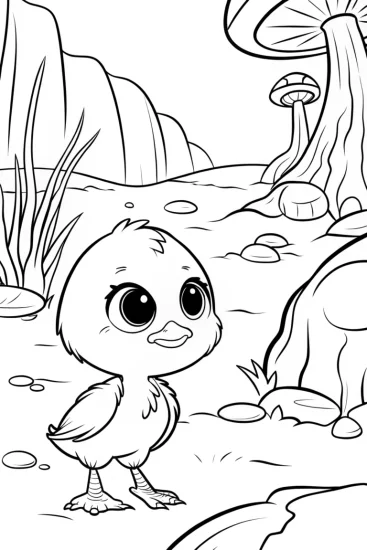 A coloring page of Chick exploring an alien landscape