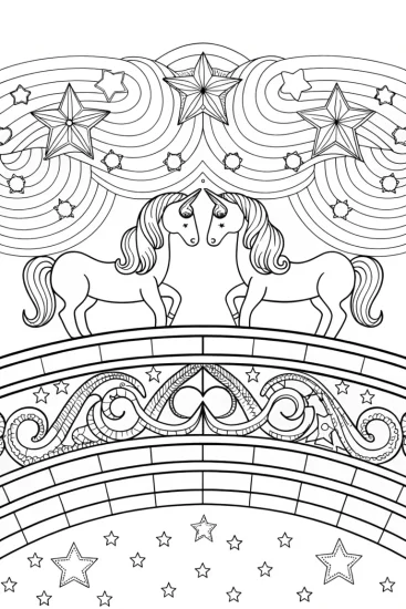 A coloring page of Unicorns building a bridge to the stars