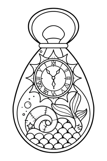 A coloring page of Mermaid timekeeper in clockwork ocean