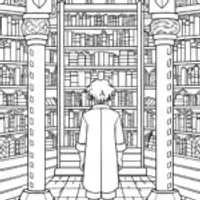 Goku exploring a magical library