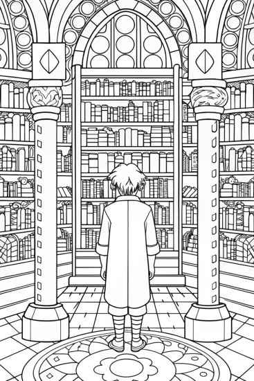 A coloring page of Goku exploring a magical library