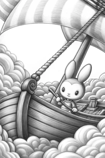 A coloring page of My Melody sailing on a cloud boat