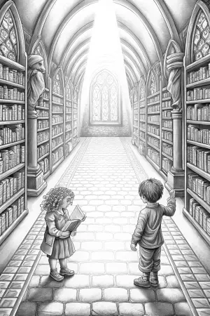 Children exploring a magical library coloring pages