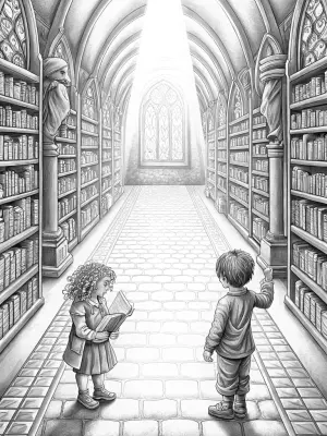 Children exploring a magical library coloring pages
