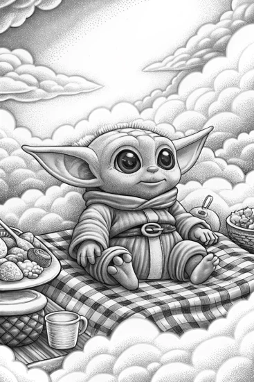 A coloring page of Baby Yoda’s picnic in the sky
