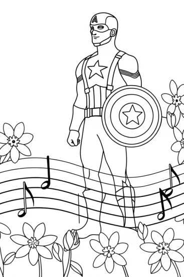 A coloring page of Captain America in a musical garden