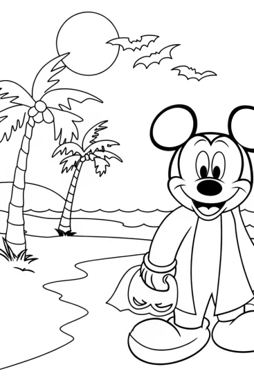 A coloring page of Mickey Mouse’s spooky beach adventure