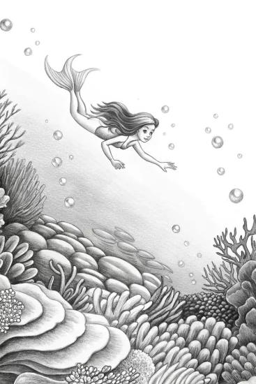 A coloring page of Princess swimming in an underwater realm