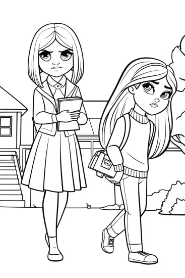 A coloring page of Rainbow High students scavenger hunt