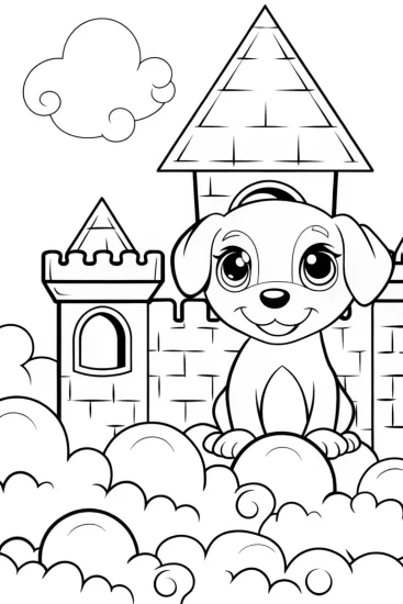 A coloring page of Puppy in a cloud castle