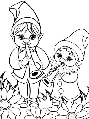 Gnomes playing flower instruments coloring pages