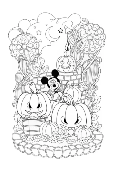 A coloring page of Mickey Mouse pumpkin potion adventure