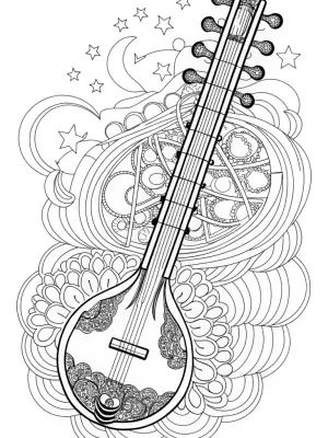 Sitar in a celestial music scene coloring pages