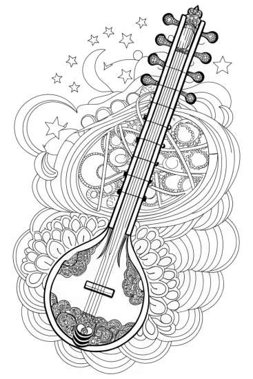A coloring page of Sitar in a celestial music scene