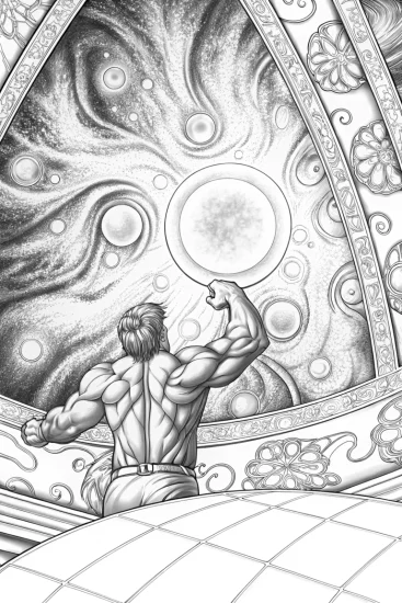 A coloring page of Hulk painting a cosmic mural