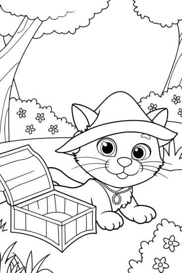 A coloring page of Whiskers the Cat’s treasure hunt