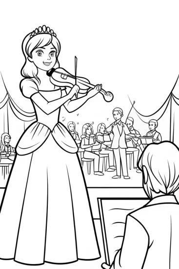 A coloring page of Princess conducting a music festival