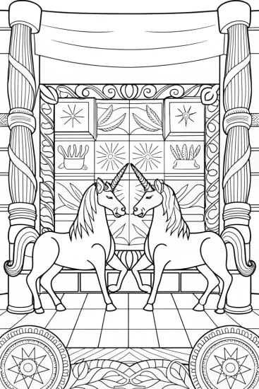 A coloring page of Unicorns discovering ancient scrolls