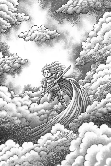 A coloring page of Demon Slayer floating in the sky