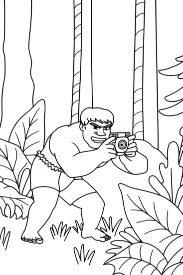 A coloring page of Hulk taking photos in alien jungle