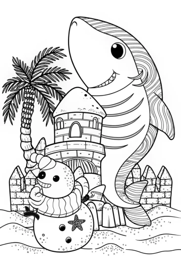 A coloring page of Shark building a sand snowman