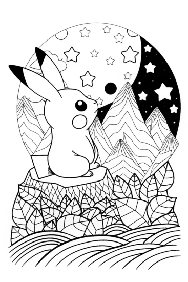 A coloring page of Pikachu stargazing on a mountain