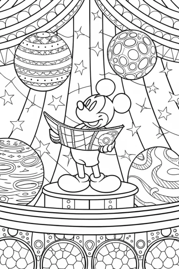 A coloring page of Mickey Mouse star-map adventure