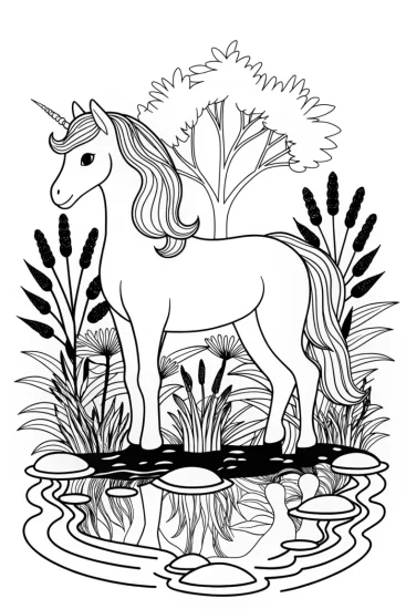 A coloring page of Unicorn by the mystic pond
