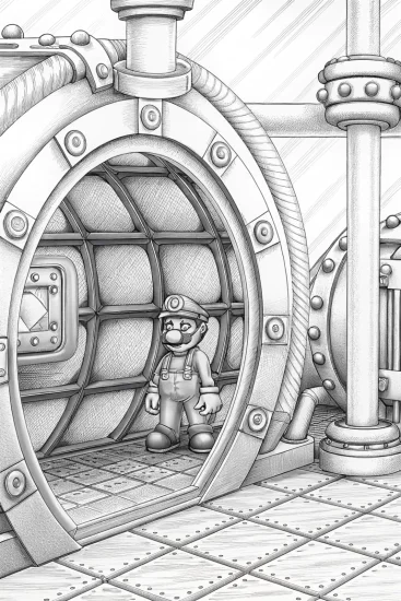 A coloring page of Mario in an underwater factory
