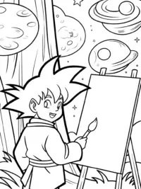 Goku painting in a cosmic forest
