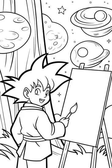 A coloring page of Goku painting in a cosmic forest