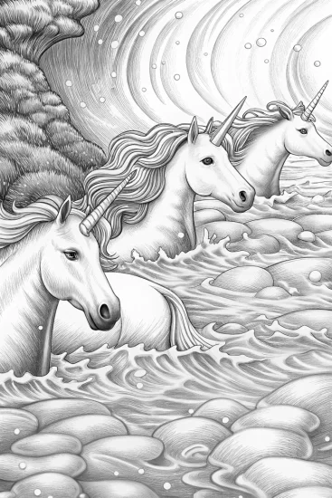 A coloring page of Unicorns swimming in dream ocean