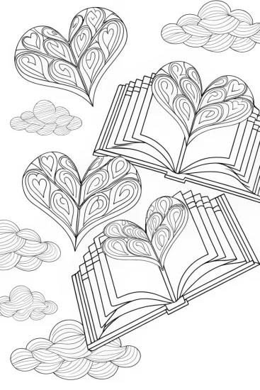 A coloring page of Flying heart-shaped books