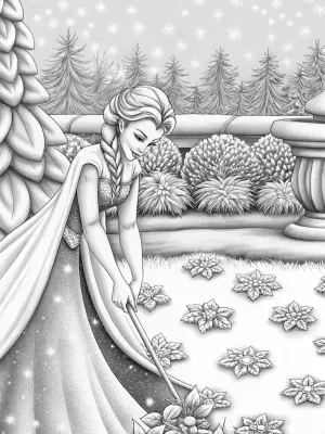 Elsa tending her snow garden coloring pages