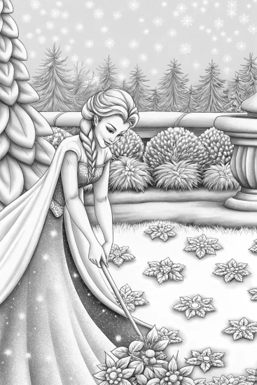 A coloring page of Elsa tending her snow garden