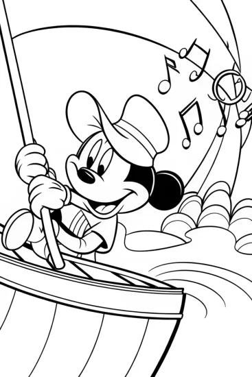 A coloring page of Mickey Mouse’s musical rafting
