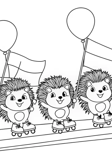 A coloring page of Hedgehogs roller skating parade