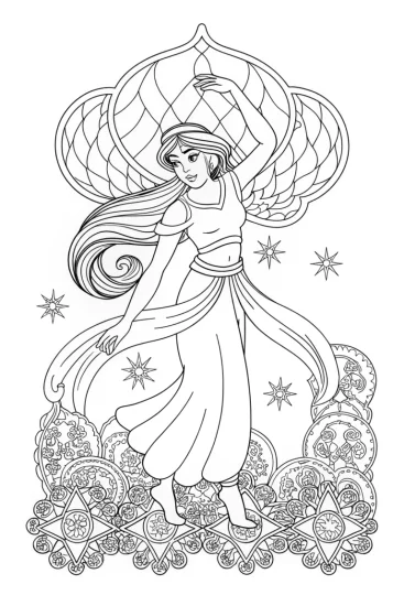 A coloring page of Jasmine dancing with fireflies