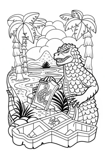 A coloring page of Godzilla’s treasure map adventure