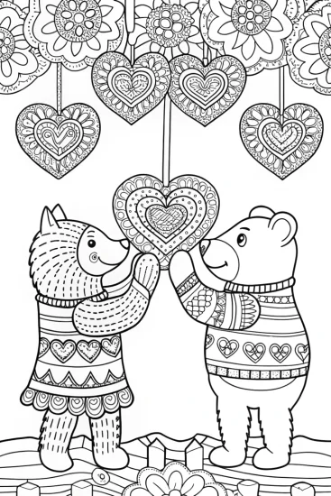 A coloring page of Animal friends crafting hearts