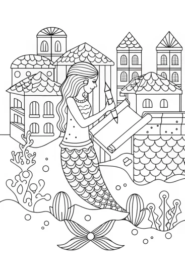 A coloring page of Mermaid architect designing cities