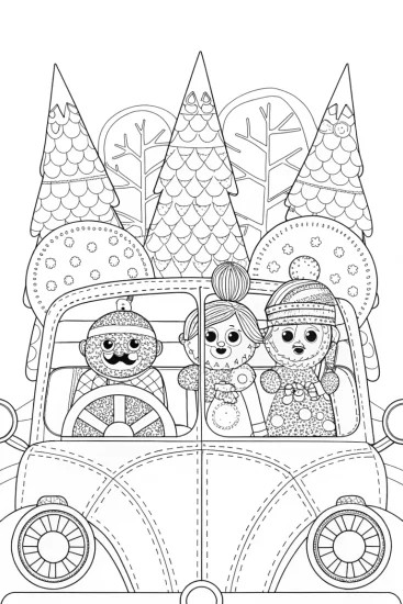 A coloring page of Gingerbread family road trip