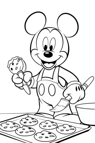 A coloring page of Mickey Mouse cookie decorating fun