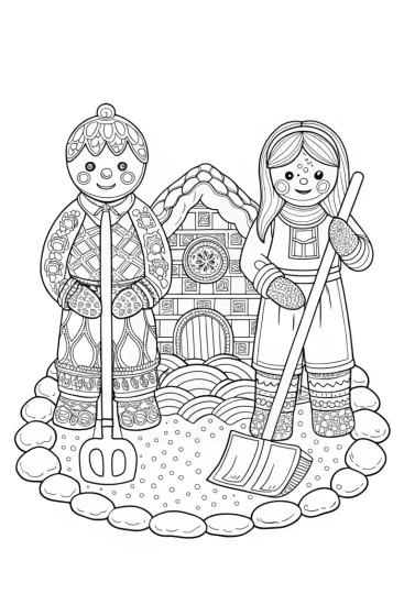 A coloring page of Gingerbread characters digging a time capsule