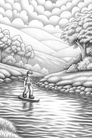 A coloring page of Luigi skateboarding over a river
