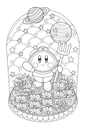A coloring page of Kirby gardening in space