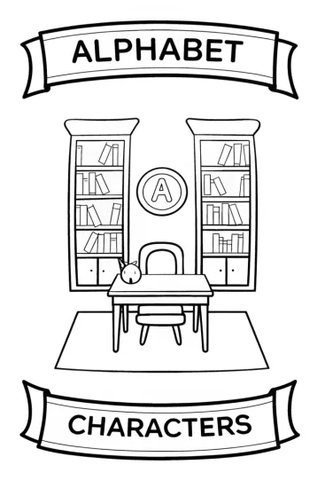 A coloring page of Alphabet characters in a library
