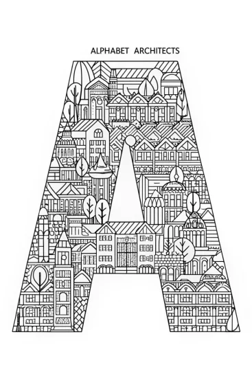 A coloring page of Alphabet architects building city