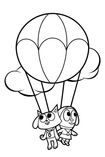A coloring page of Bluey and Bingo balloon race